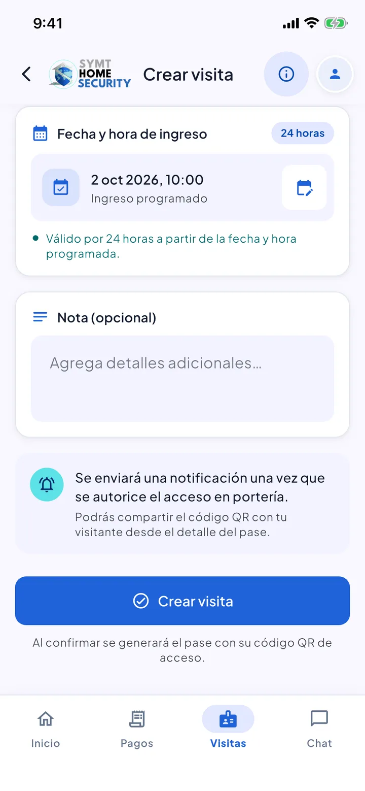 Pantalla Crear visita con fecha y hora de ingreso