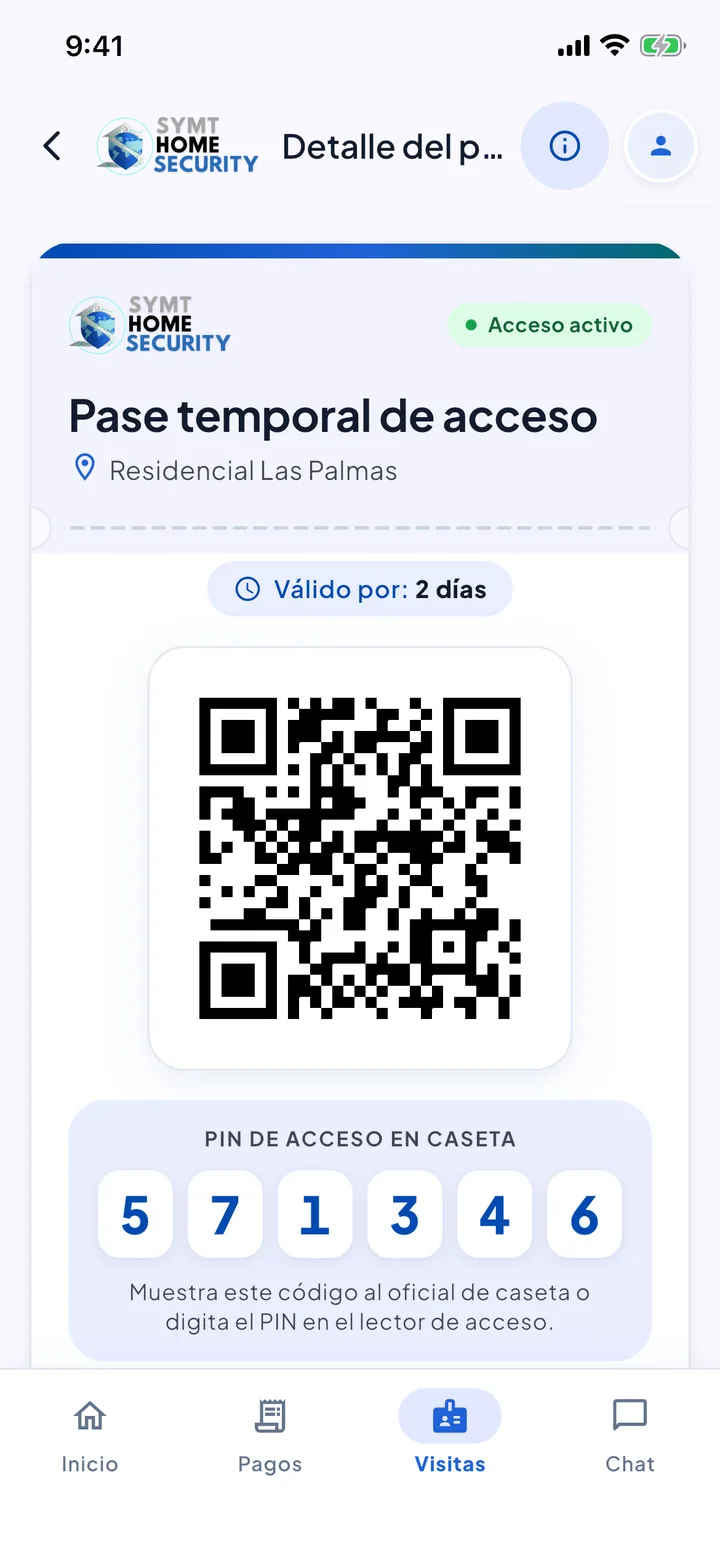 Pase temporal de acceso con código QR y PIN 571346