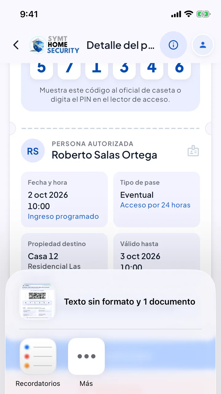 Menú para compartir el pase