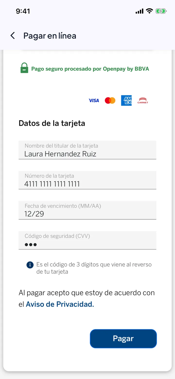 Formulario de tarjeta de Openpay