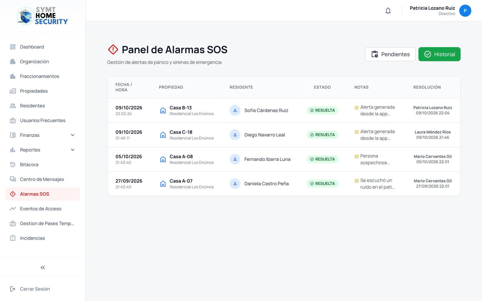 Historial del Panel de Alarmas SOS