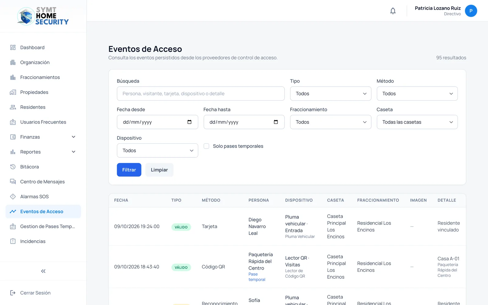Eventos de acceso por caseta, método y persona